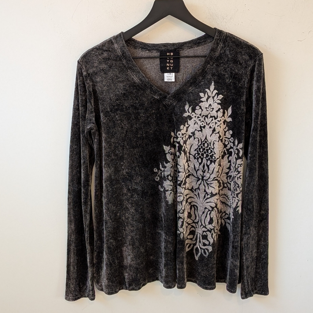 Heyne Bogut Velour Art to Wear V Neck Shirt Size 3 Made in USA Hand Printed